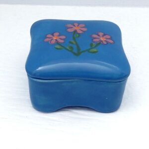 Handmade Ceramic Lidded Blue Square Trinket Dish with Handpainted Flowers